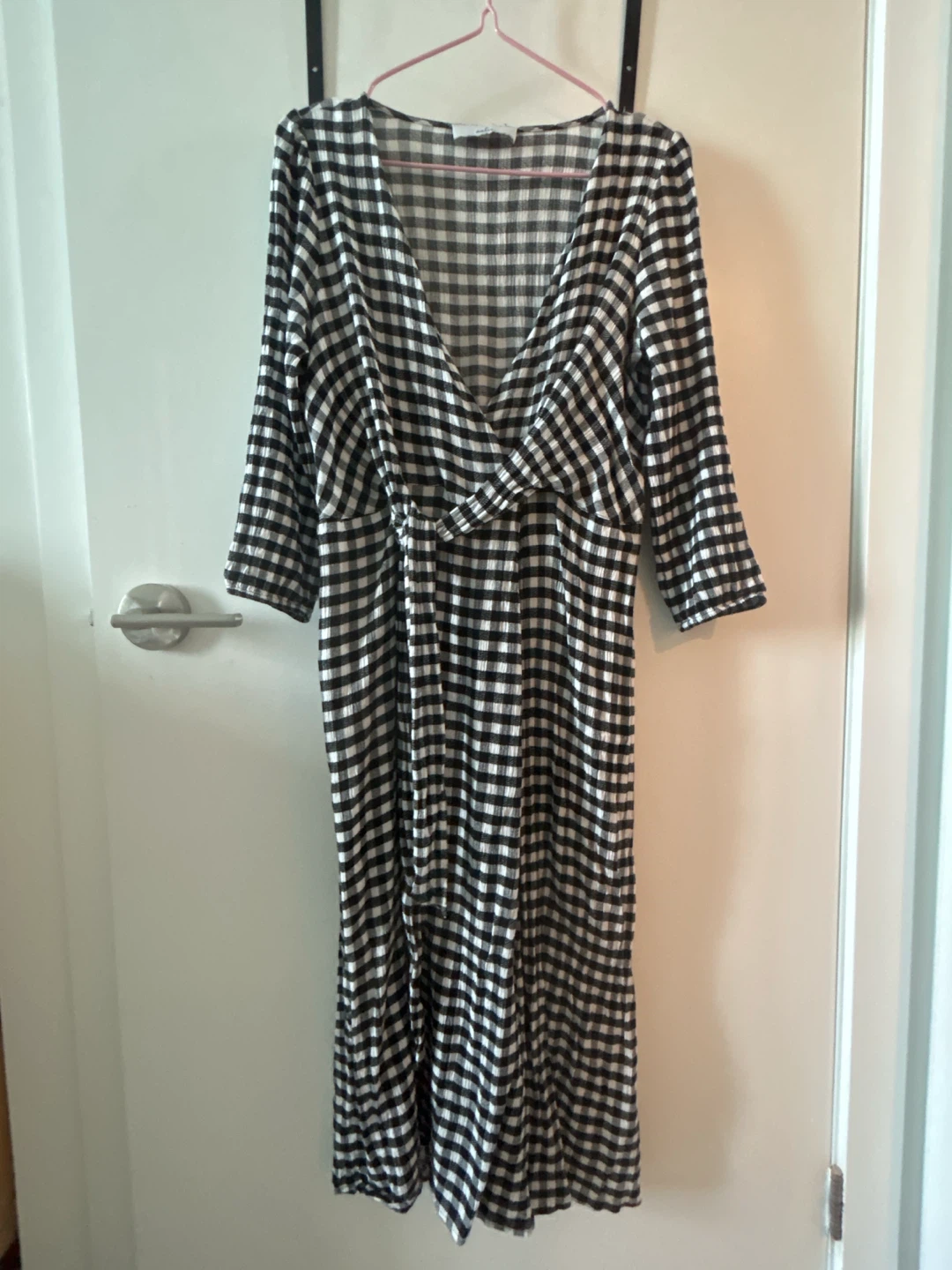 Black and white gingham wrap dress