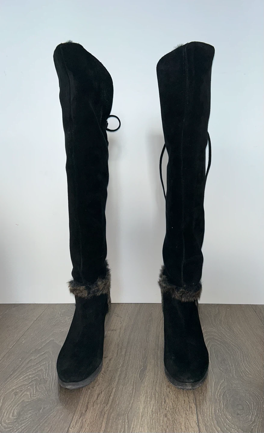 GUESS Black Suede Wedge Boots with Faux Fur Trim