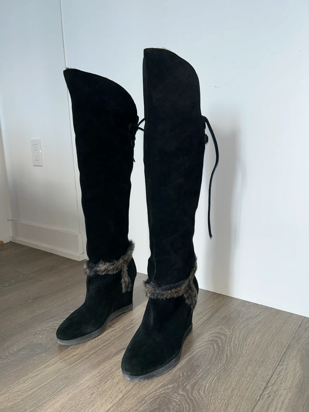GUESS Black Suede Wedge Boots with Faux Fur Trim - photo 2