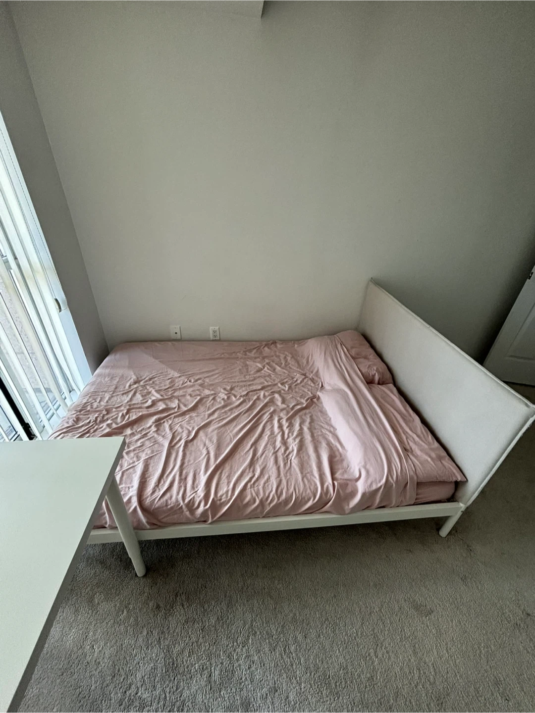 White Full Bed Frame with Mattress and Pink Sheets