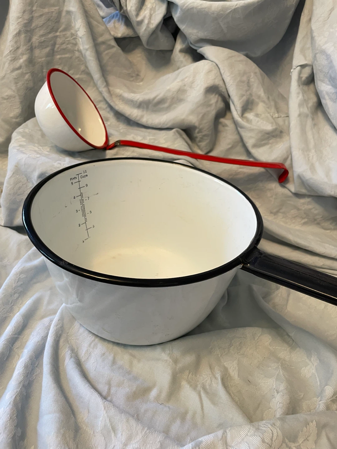 Enamel Measuring Pot and Ladle antique