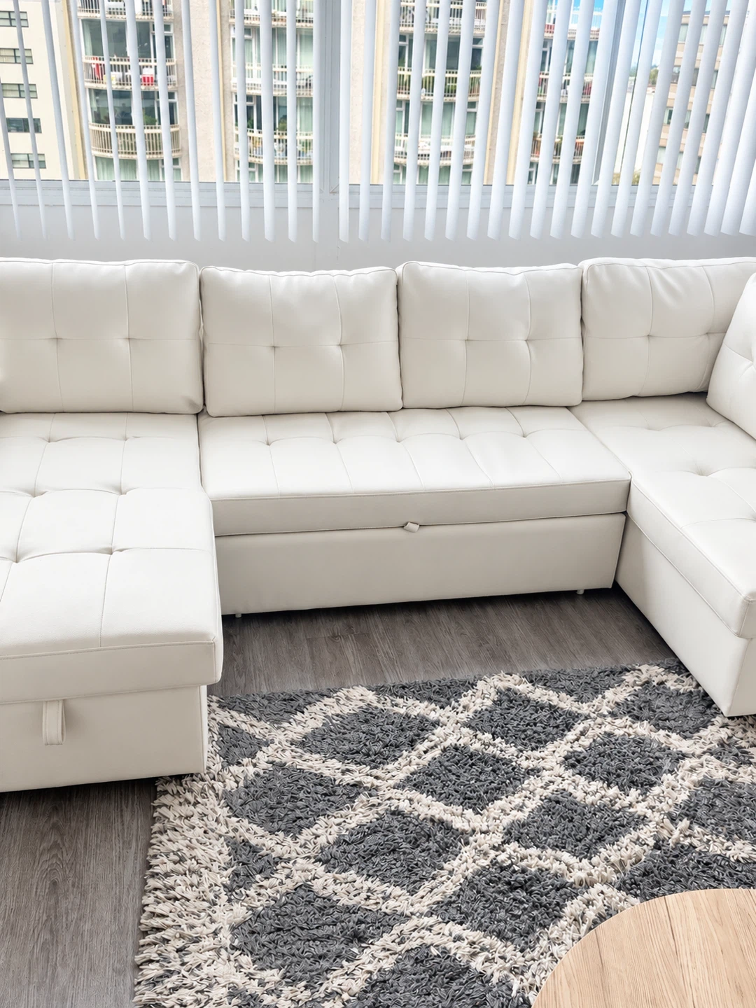 White Faux Leather Sectional Sofa bed with Storage