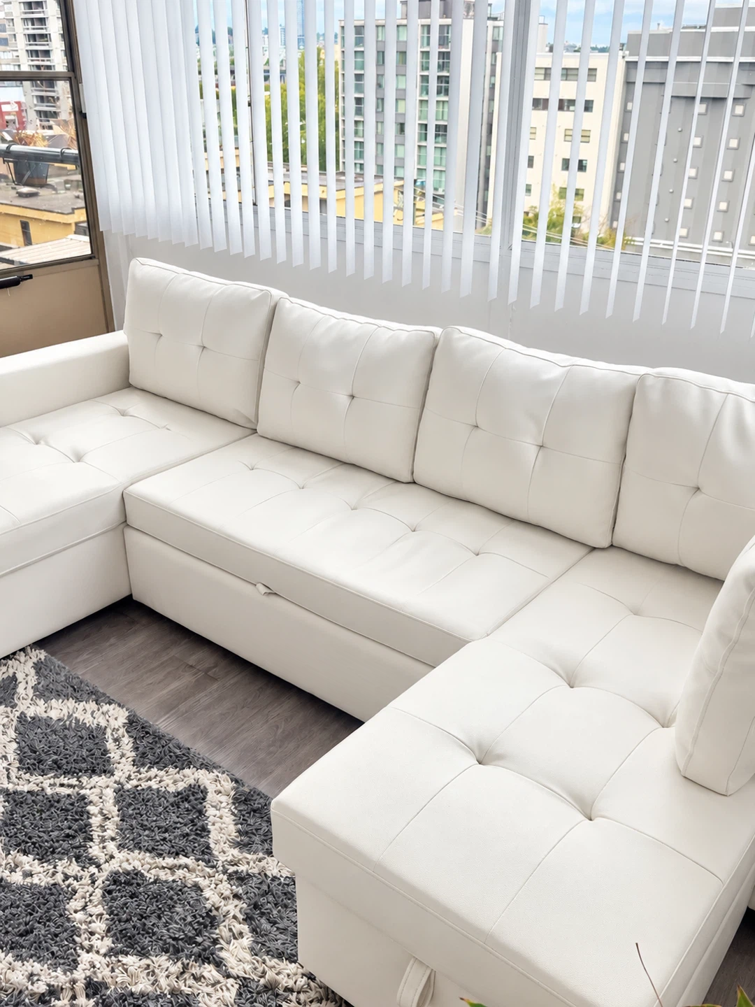 White Faux Leather Sectional Sofa bed with Storage - photo 2