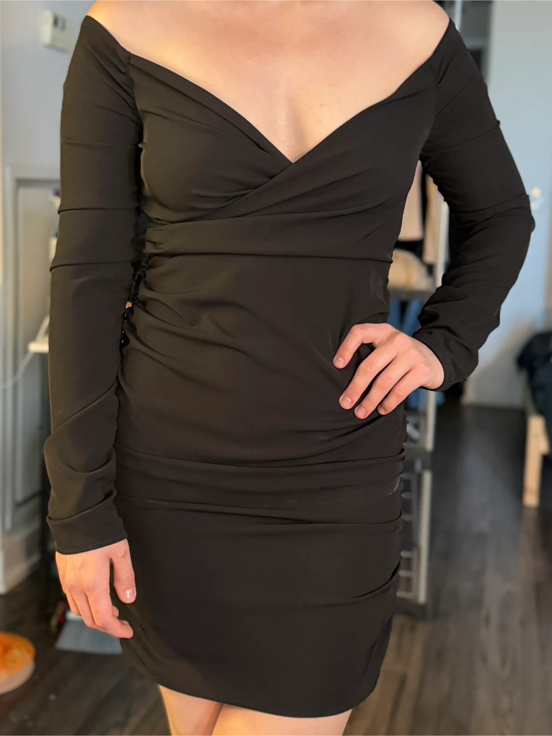 Zara Black Off-the-Shoulder Ruched Mini Dress