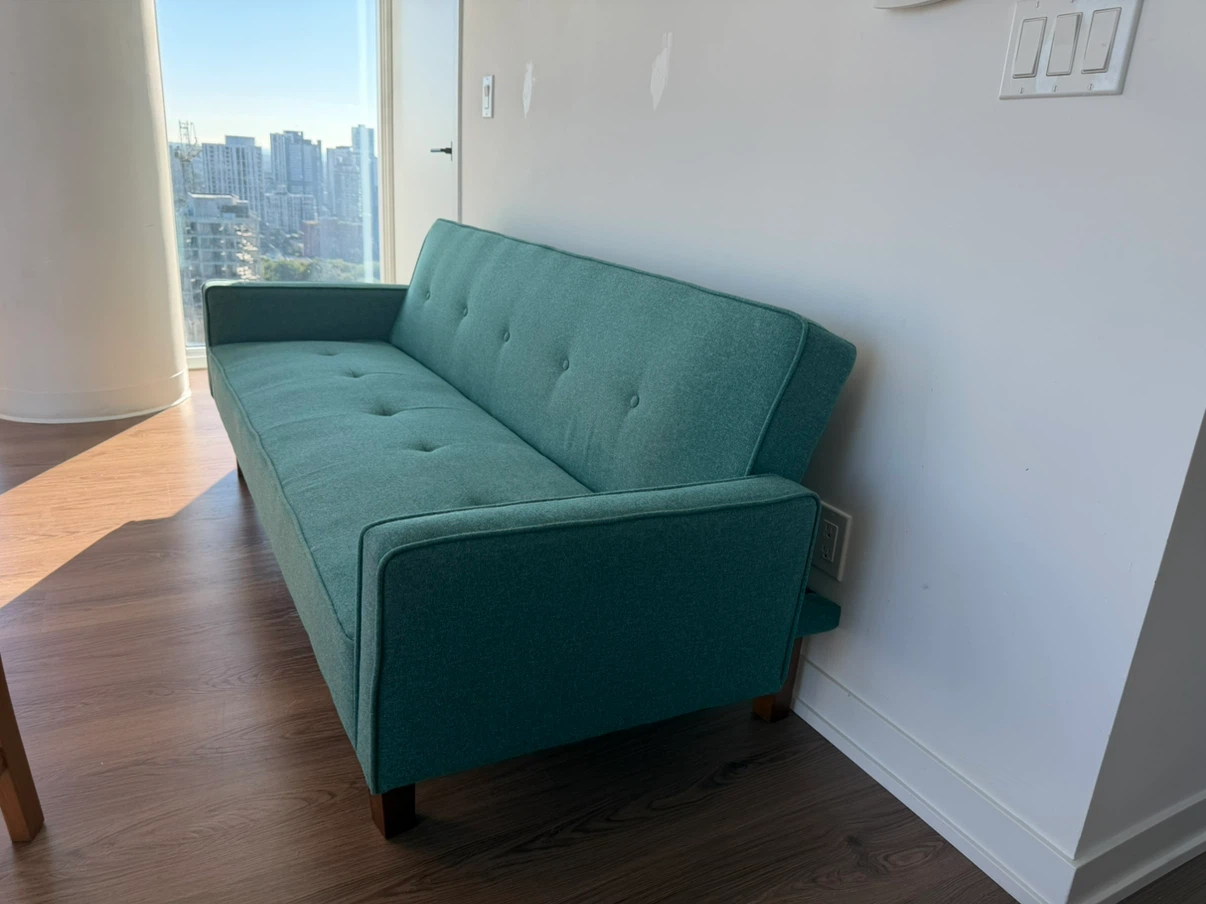 Teal Tufted Futon Sofa and dining table with 4 chairs for sale - photo 2
