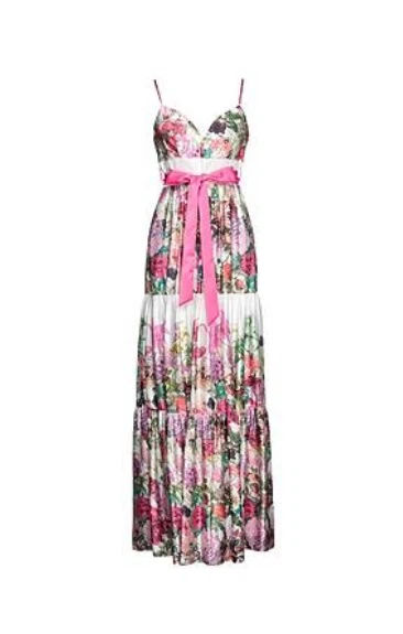 Floral Maxi satin Dress with Pink Bow Sash