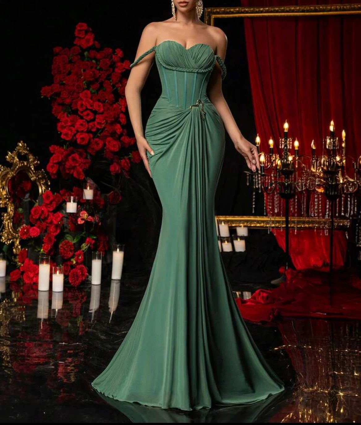 Green Off-the-Shoulder Corset Gown