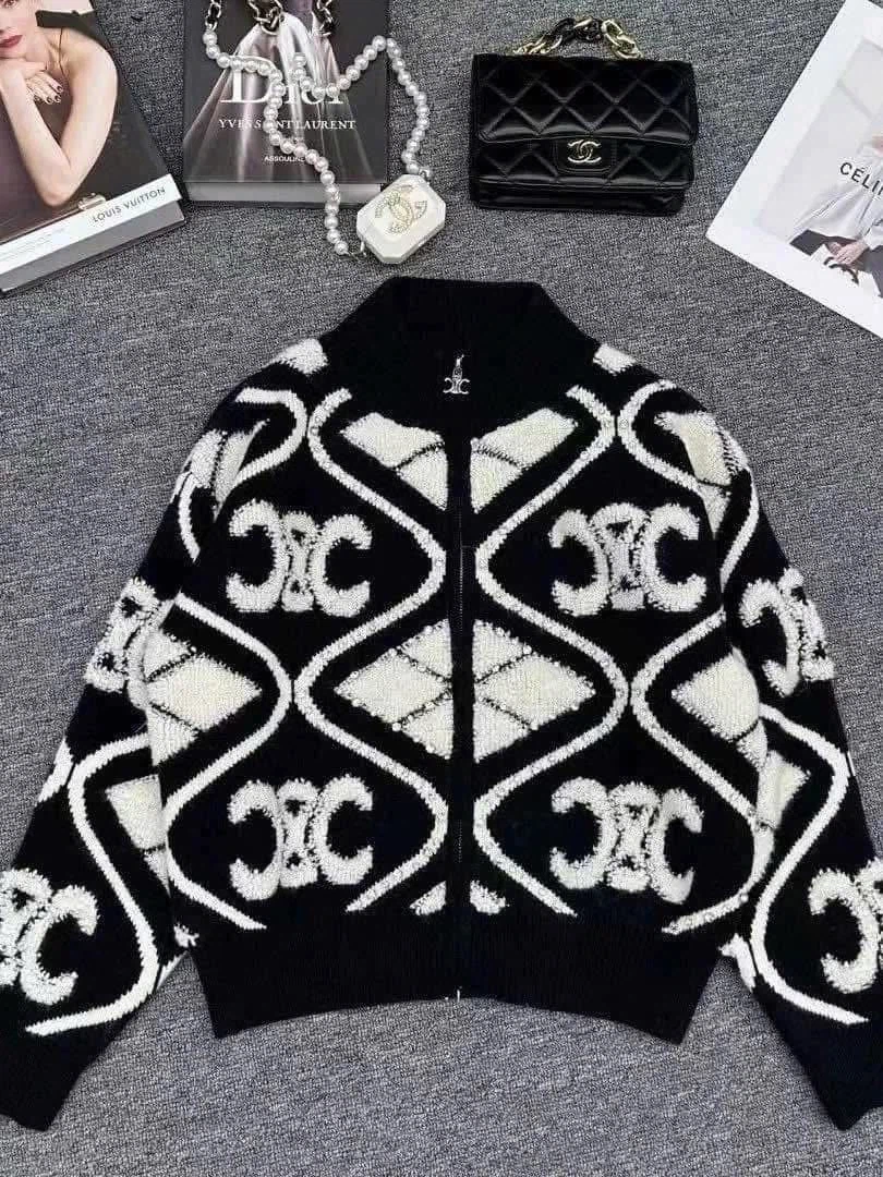 Celine Monogram Zip-Up Knit Cardigan