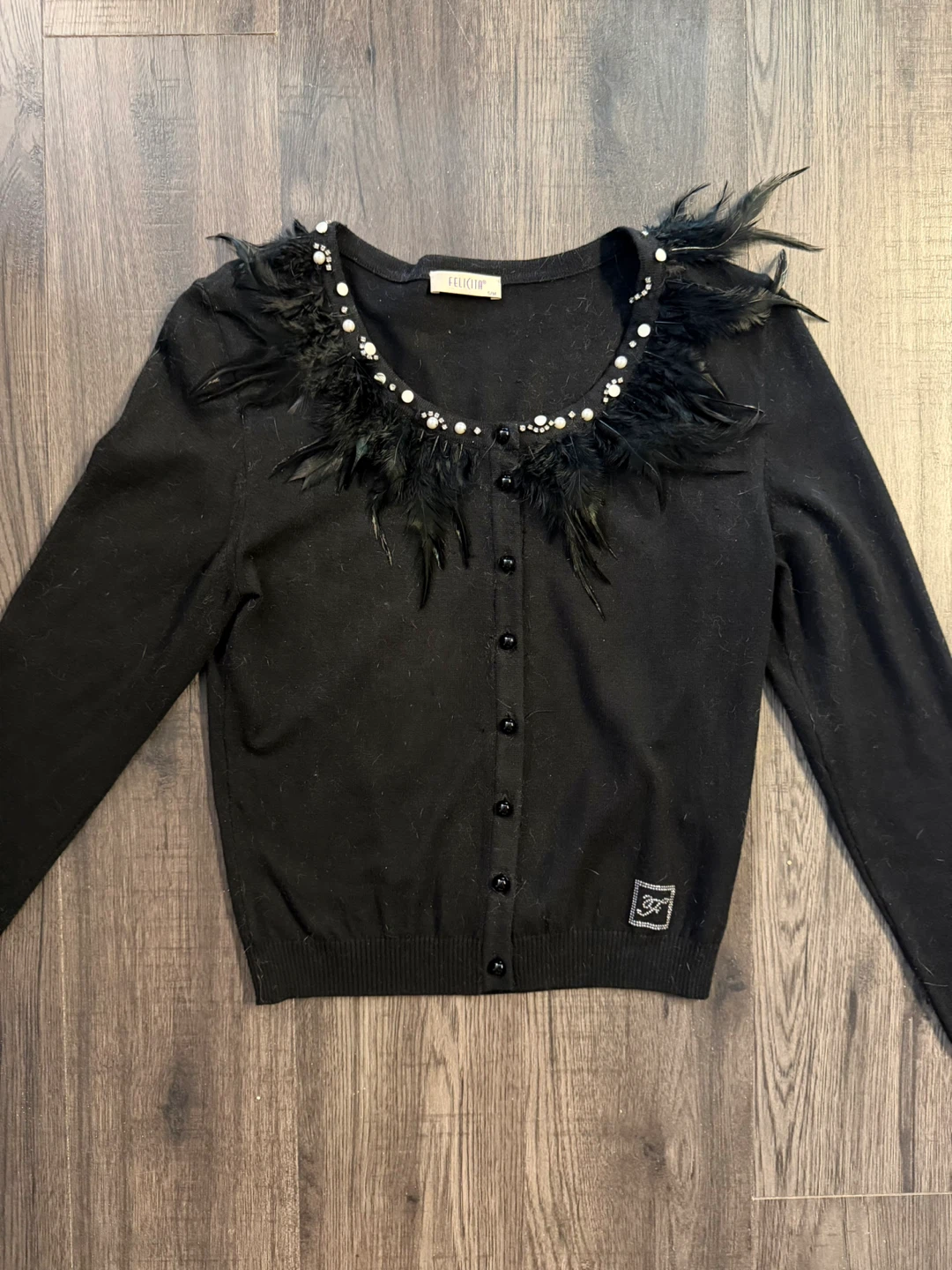 Feliciia Black Cardigan with Feathers and Pearls