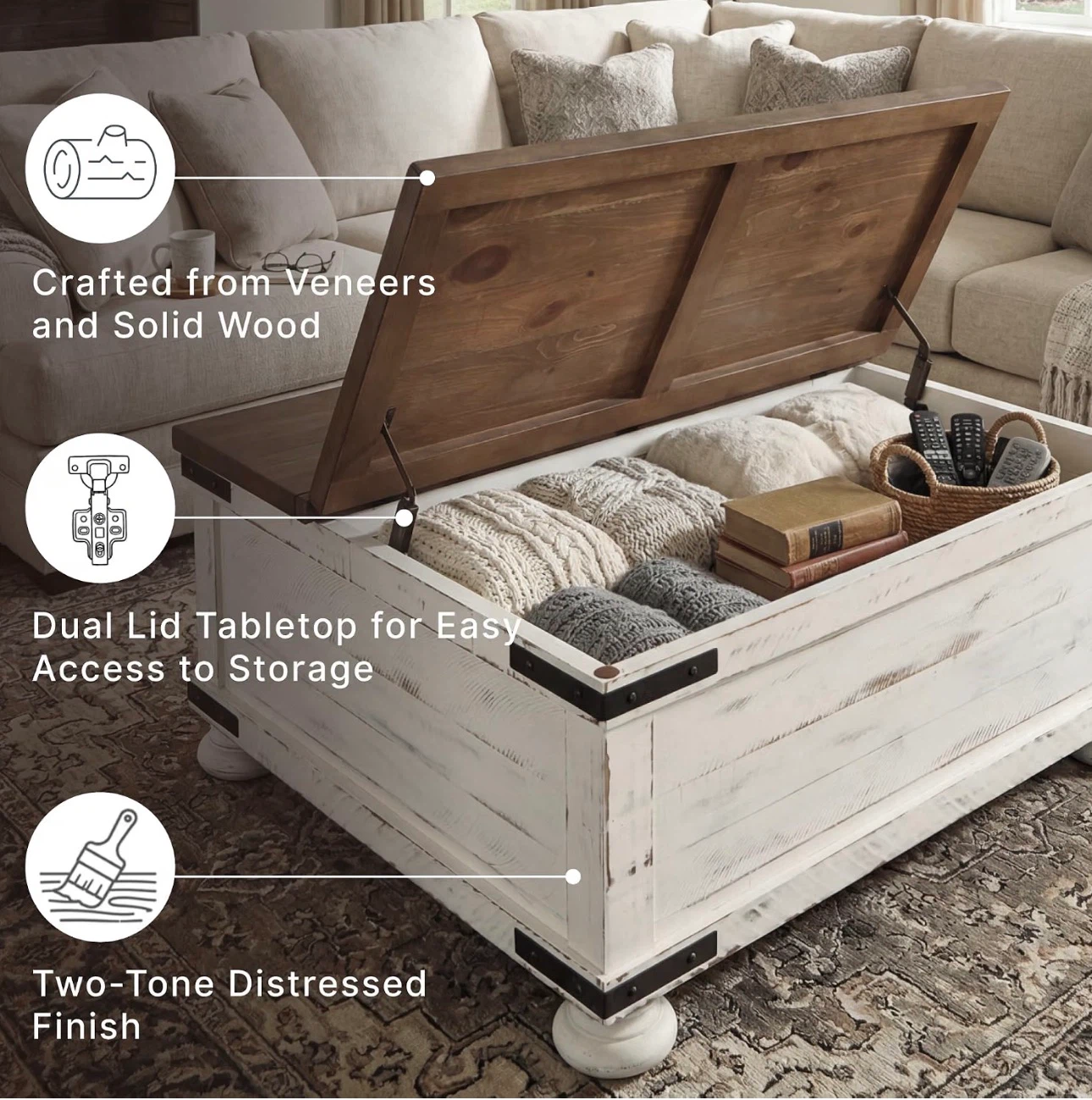 Ashley Farmhouse Lift-Top Coffee Table with Storage – Like New - photo 5