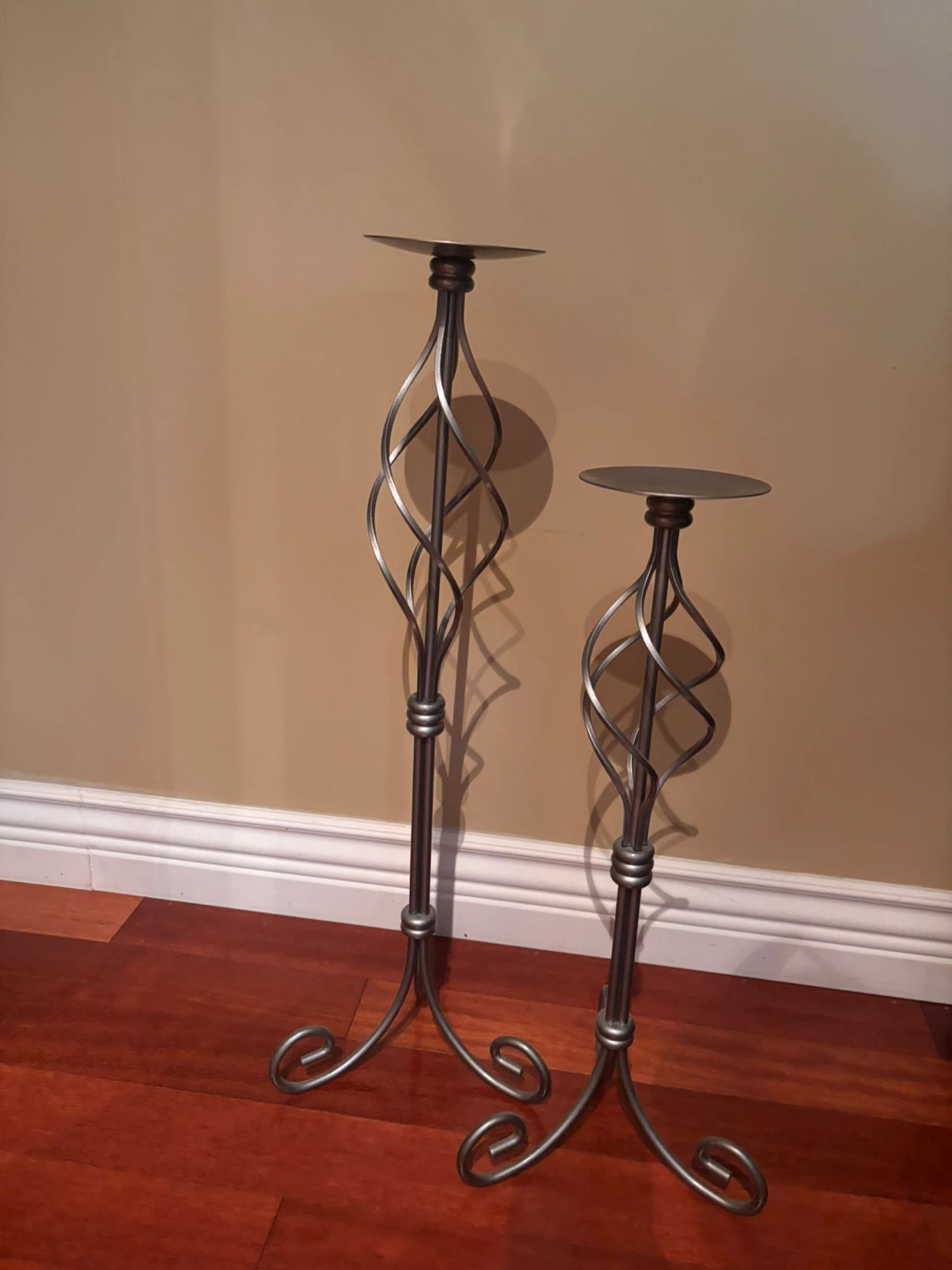 Two decorative metal pillar candle holders - PartyLite