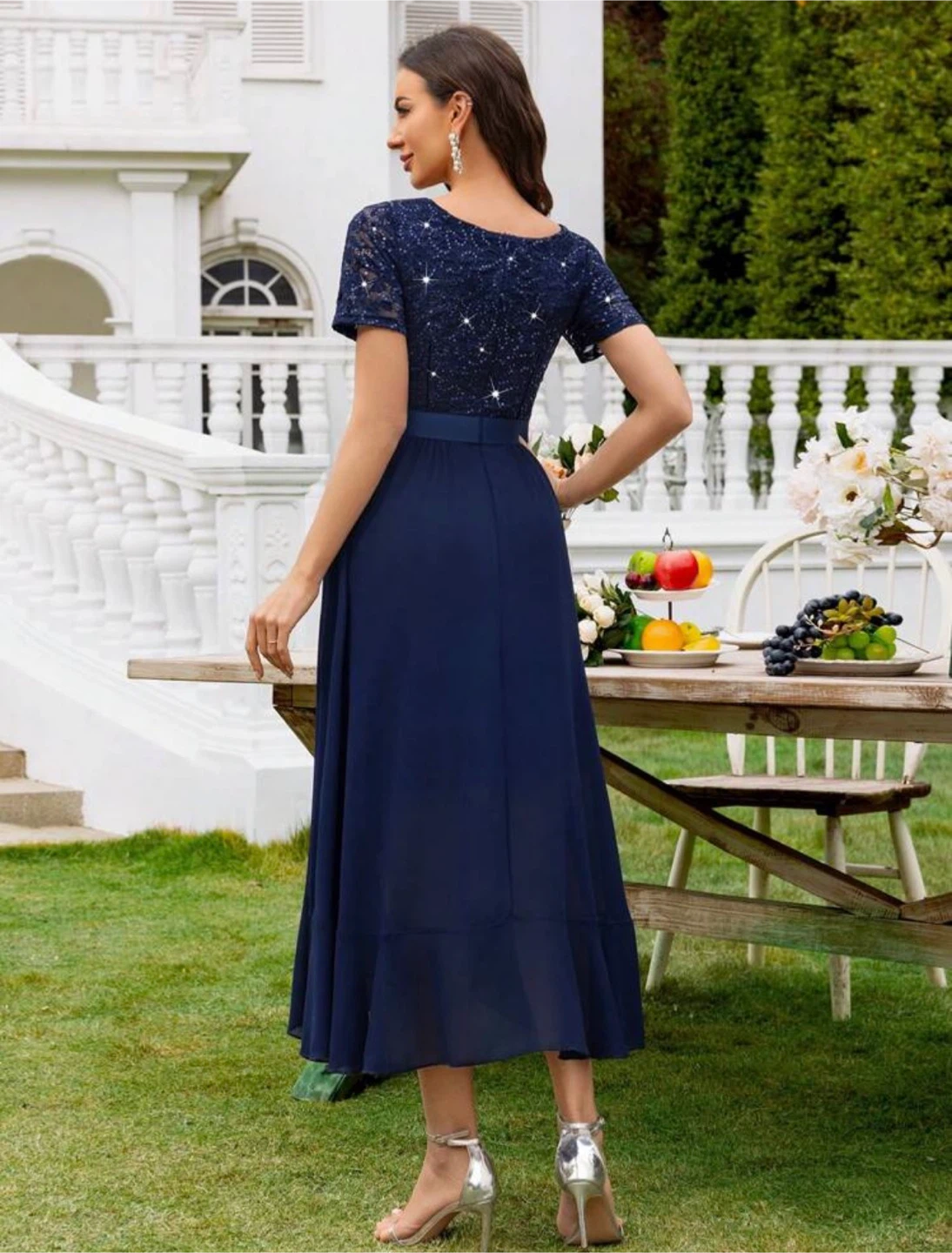 XL 12 Navy blue lace midi cocktail wedding guest shower dress - photo 2