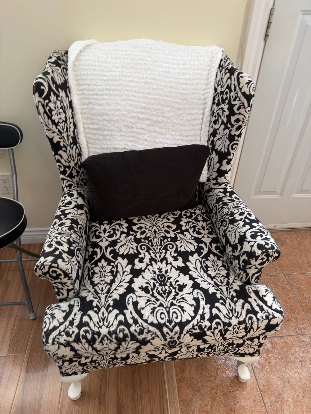 Wingback Armchair - Black and White Damask Pattern