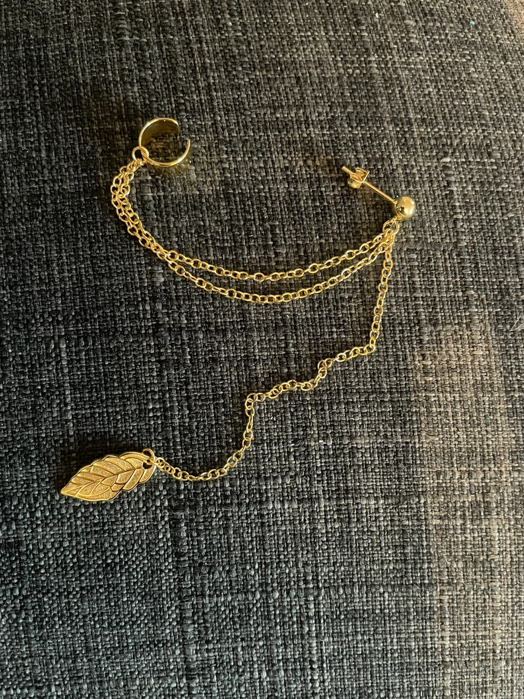 Gold Tone Leaf Ear Cuff and Stud Chain Earring
