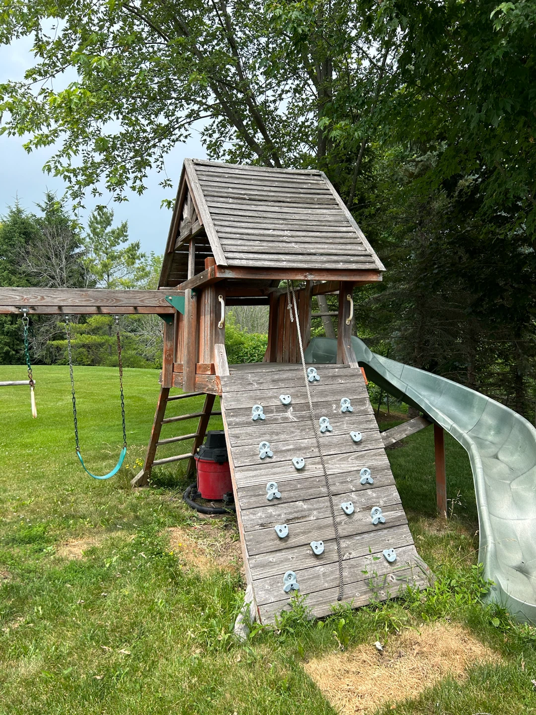Children wood swing set , slide and fort