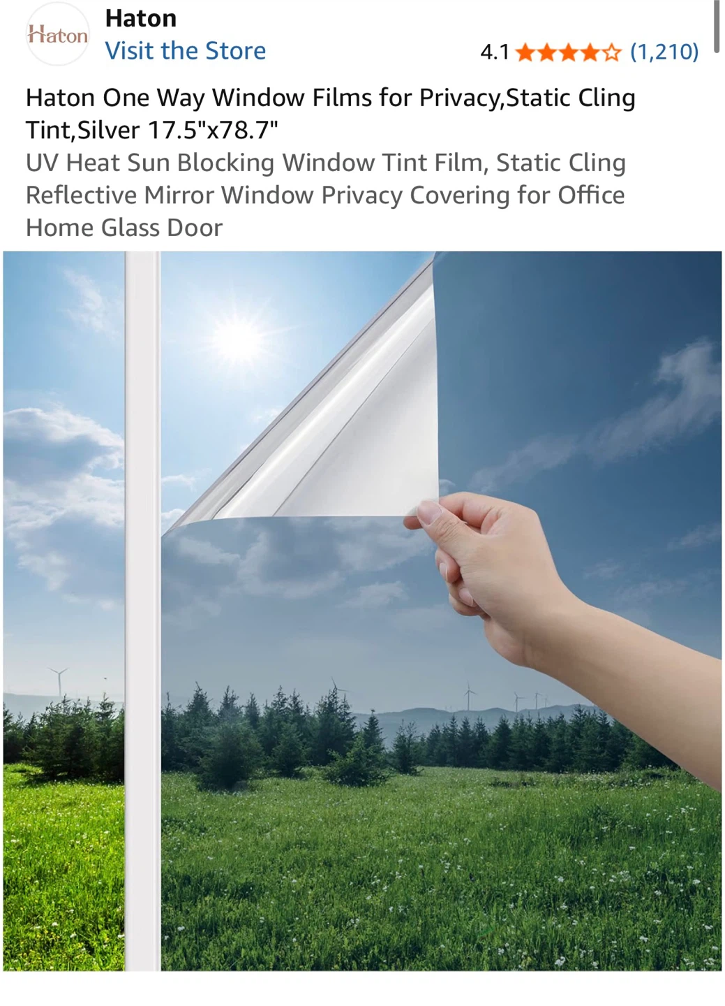 Haton One Way Window Films Static Cling Tint Silver 17.5"x78.7"