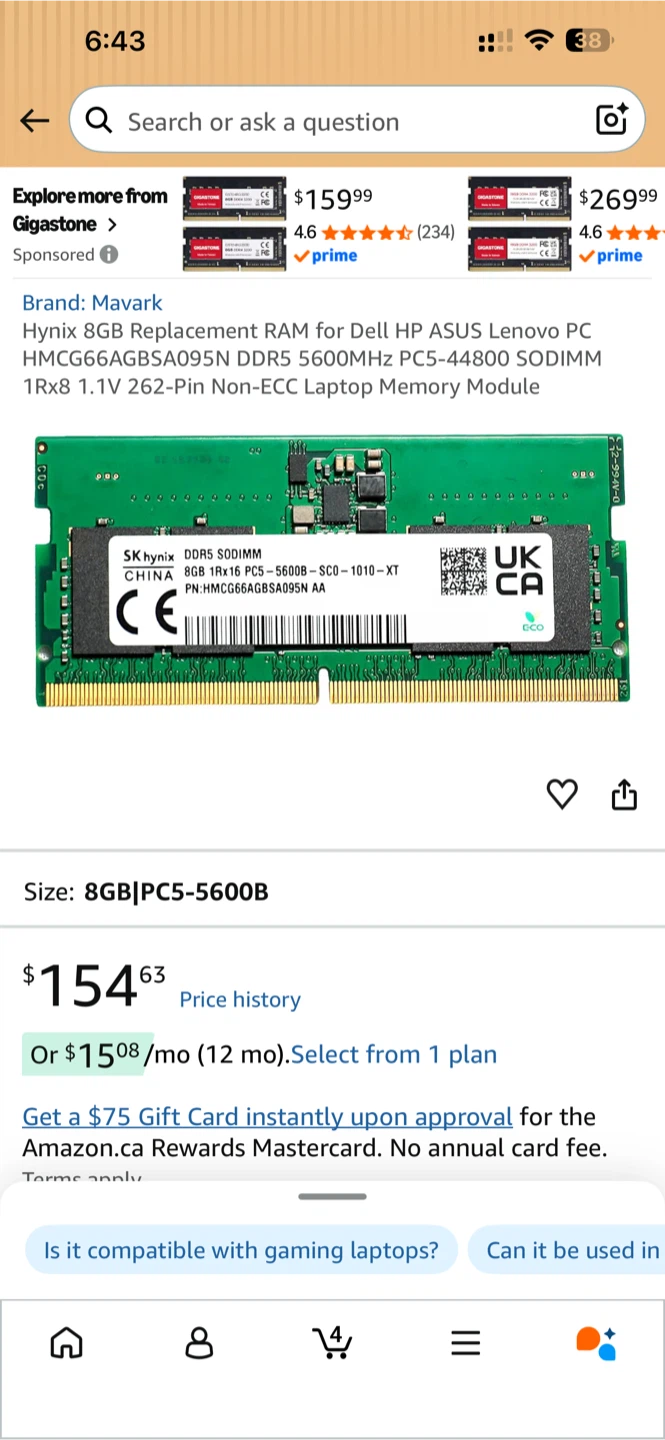 SK Hynix 8GB DDR5 5600MHz SODIMM Laptop RAM