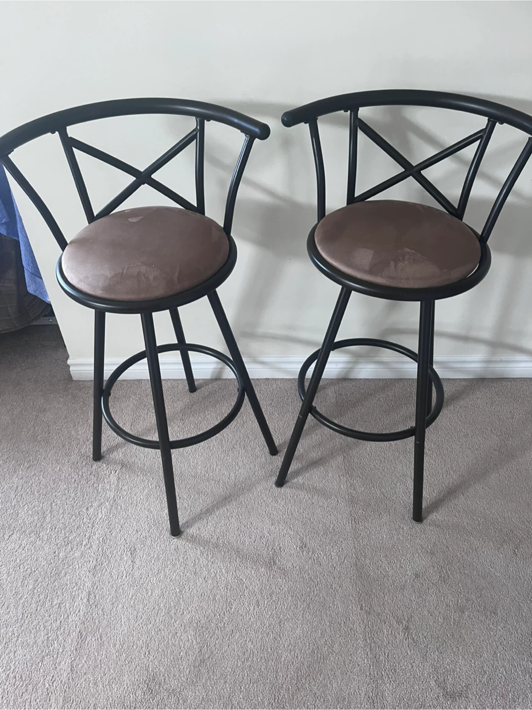 Two Swivel Bar Stools with Brown Cushions
