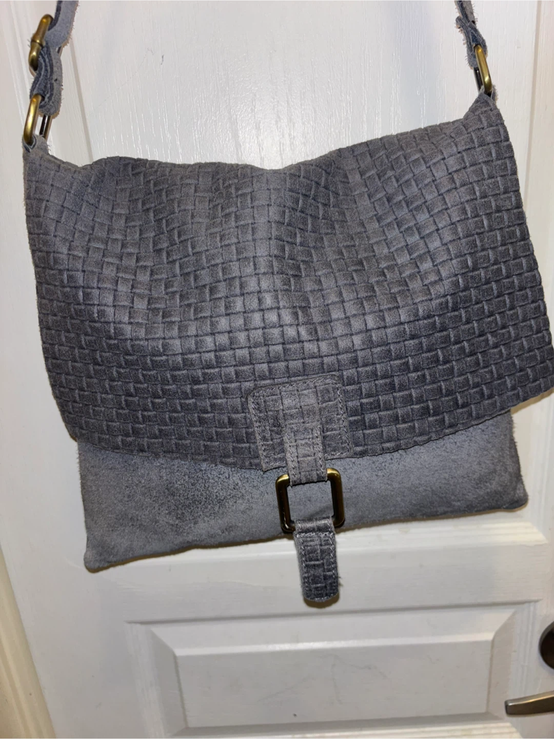 Grey Suede Woven Crossbody Bag
