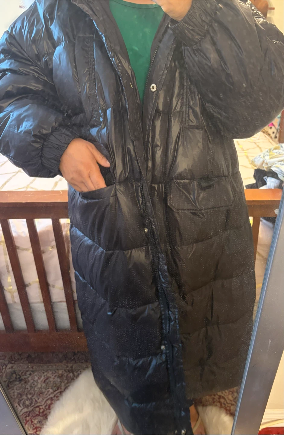 Black Long Puffer Coat with Faux Fur Hood