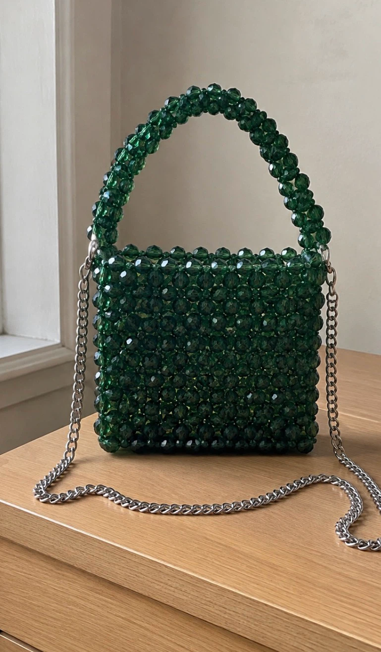 Handmade Emerald Green Beaded Crossbody Bag