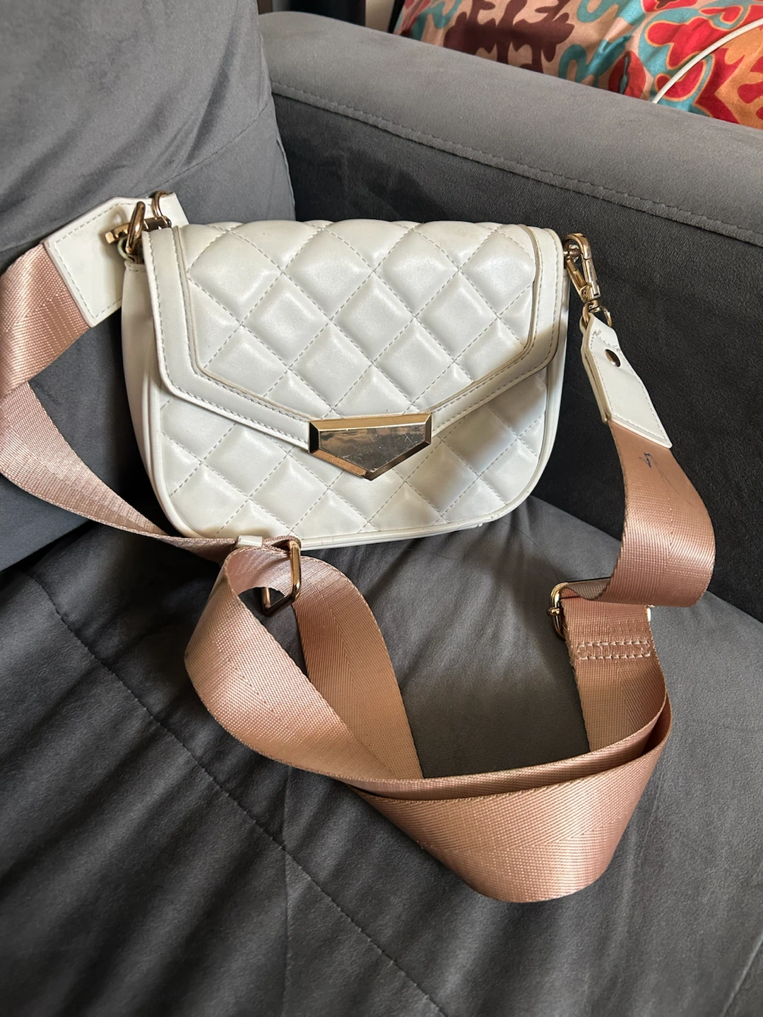 White Quilted Crossbody Bag with Rose Gold Strap