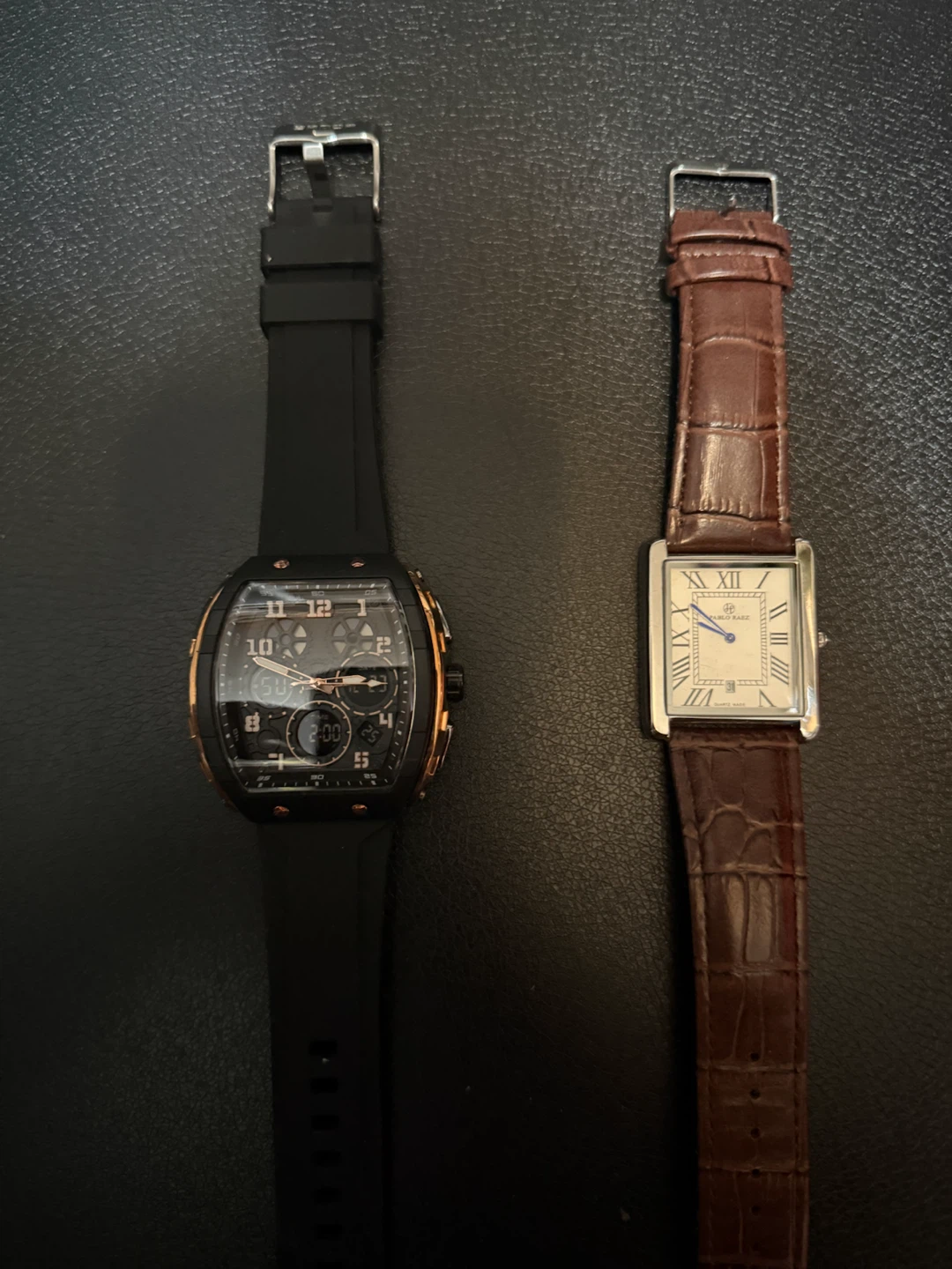 Two Watches: Black Rubber Strap & Brown Leather Strap