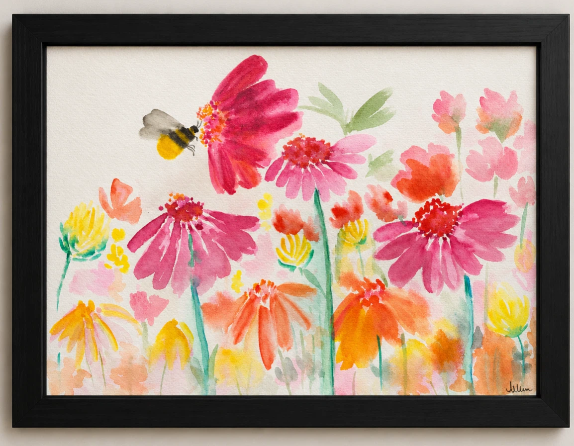 Watercolor Painting of Bee and Flowers 12x9