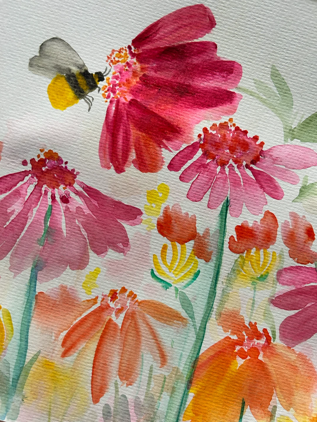 Watercolor Painting of Bee and Flowers 12x9 - photo 2