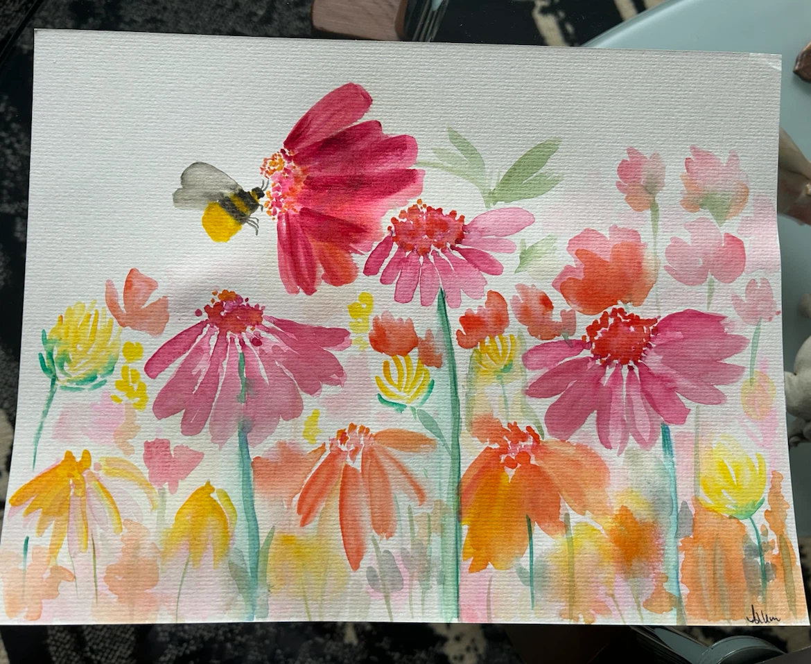 Watercolor Painting of Bee and Flowers 12x9 - photo 3
