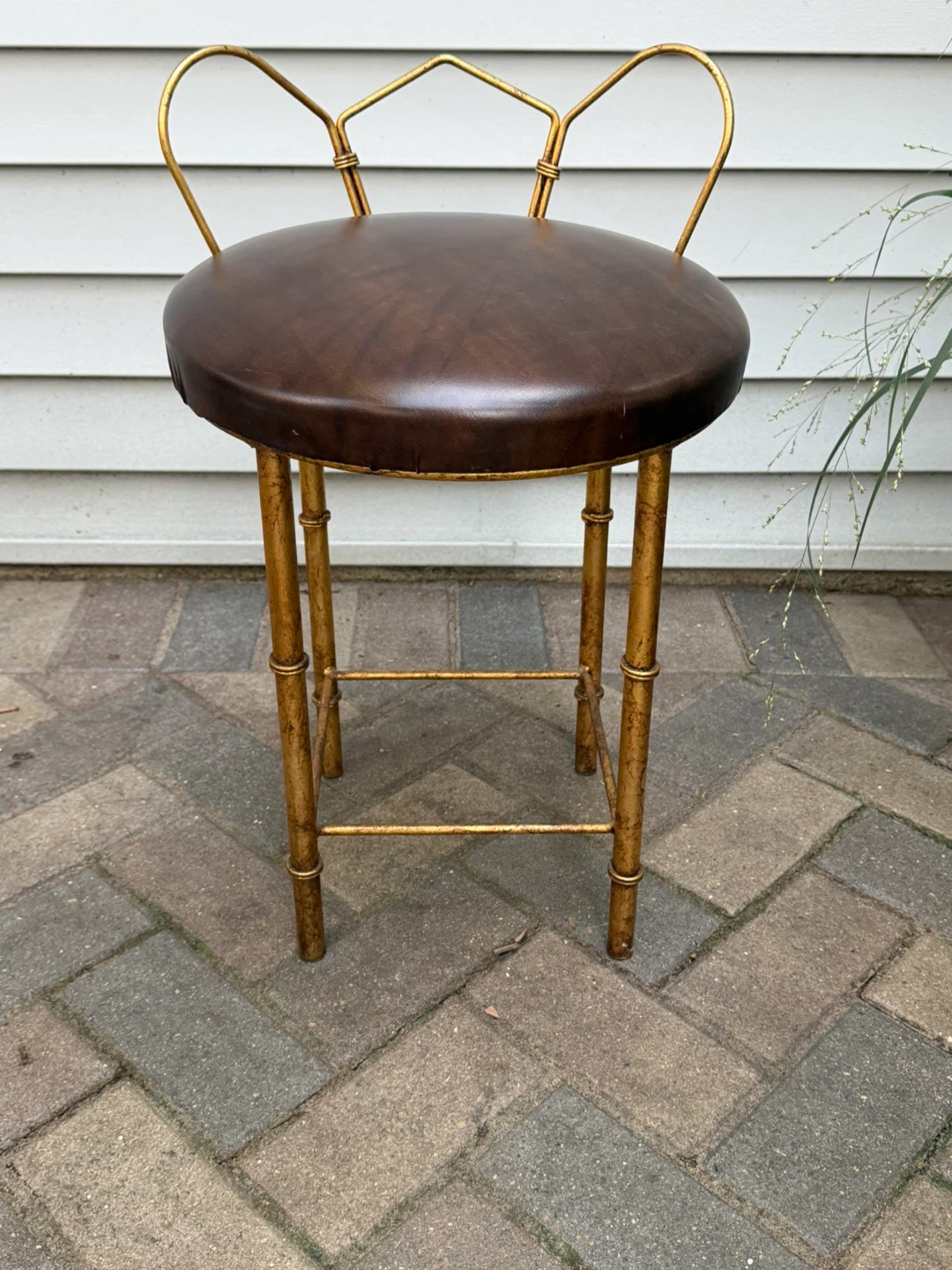 Vintage Vanity Stool - Gold Metal & Brown Faux Leather