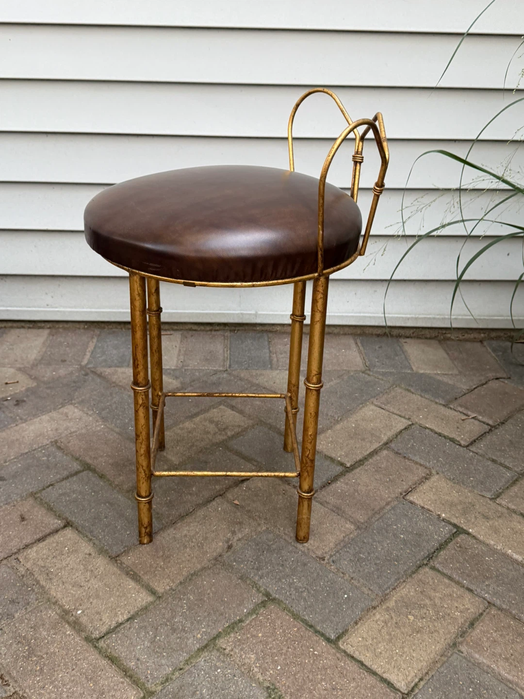 Vintage Vanity Stool - Gold Metal & Brown Faux Leather - photo 2