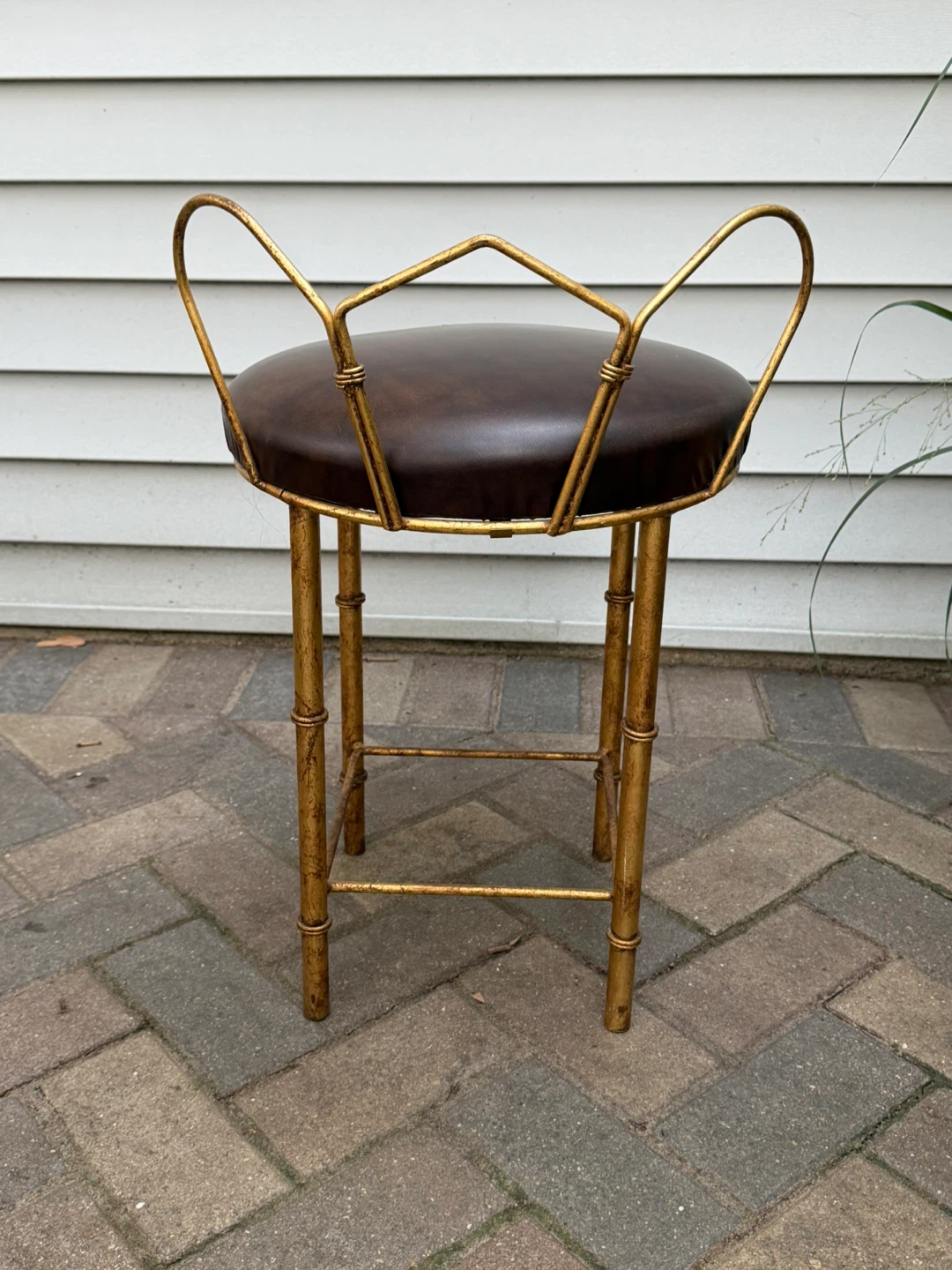 Vintage Vanity Stool - Gold Metal & Brown Faux Leather - photo 3
