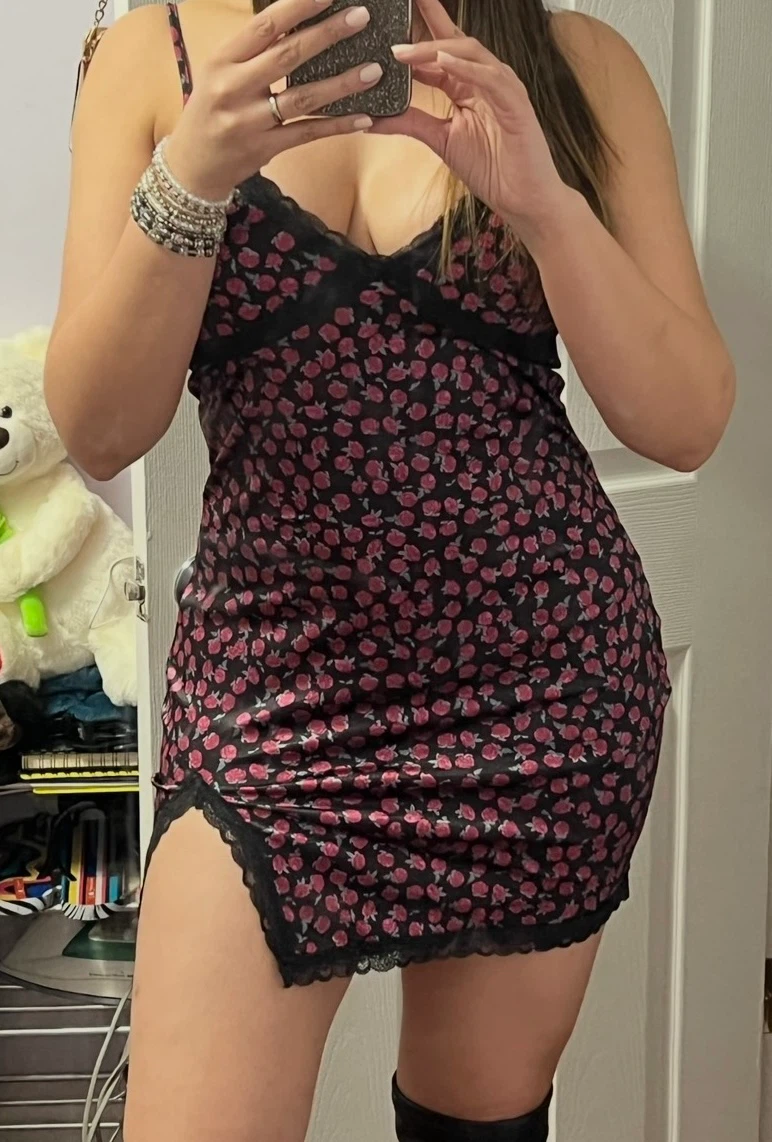 Black Floral Slip Dress with Lace Trim
