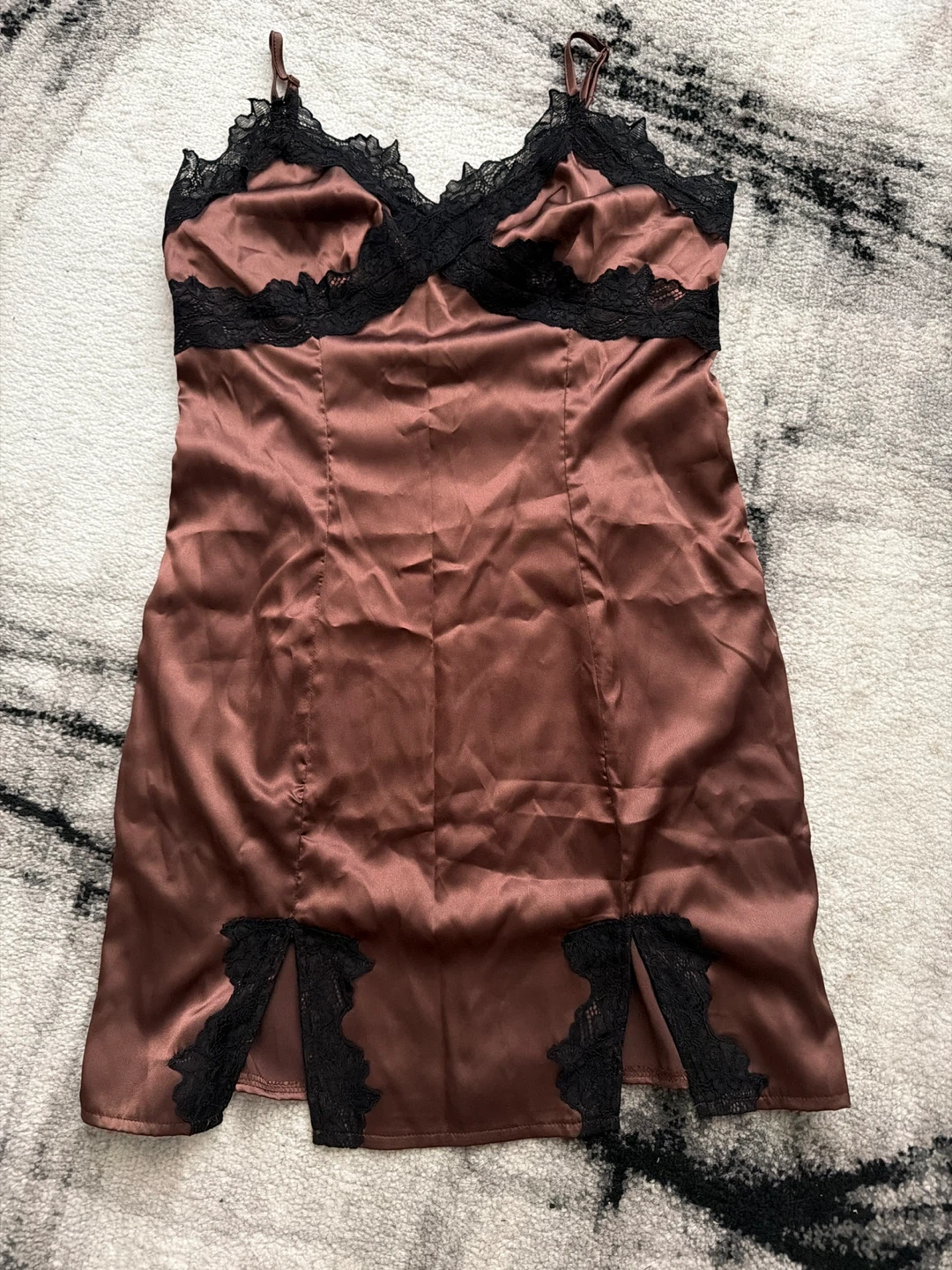 Brown Satin Slip Dress with Black Lace Trim