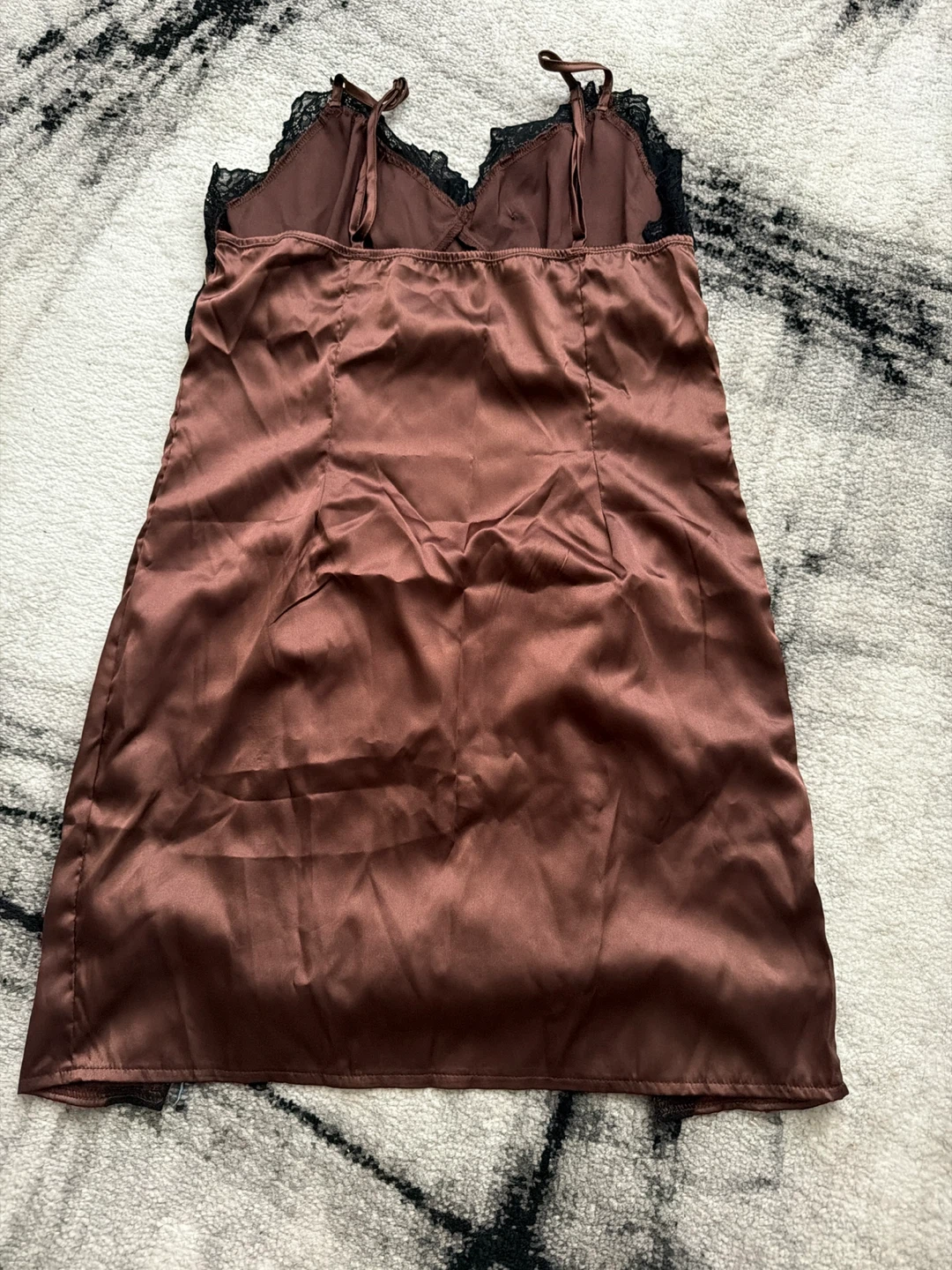 Brown Satin Slip Dress with Black Lace Trim - photo 2
