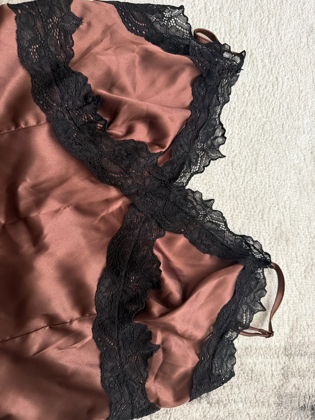 Brown Satin Slip Dress with Black Lace Trim - photo 4