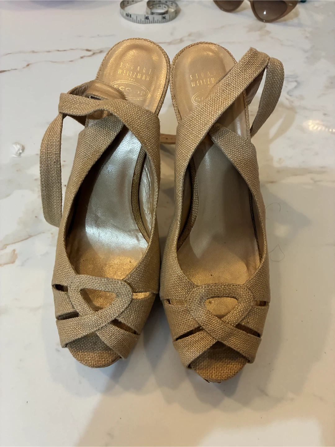 Stuart Weitzman Size 9 Tan Woven 5.5” Cork Wedge Sandals