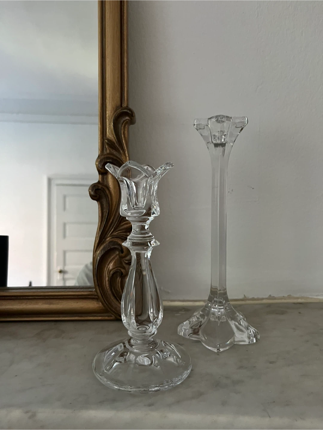 Set of Two Antique Glass Candlestick Holders