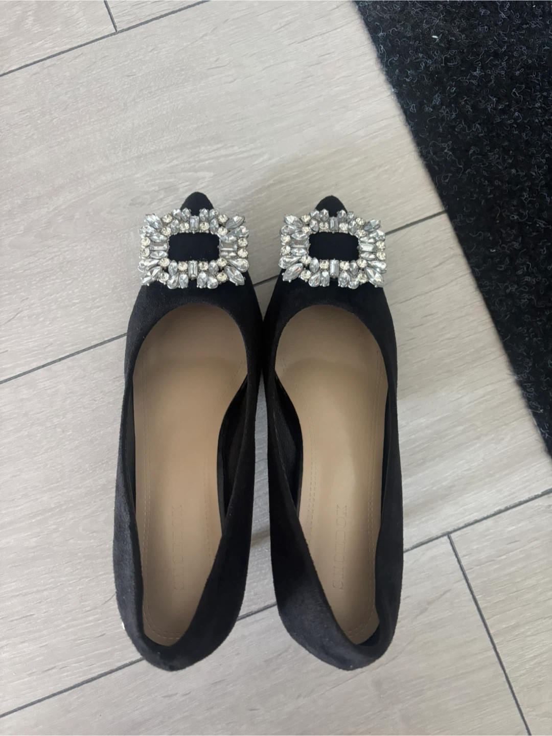 Black Flats with Rhinestone Buckle