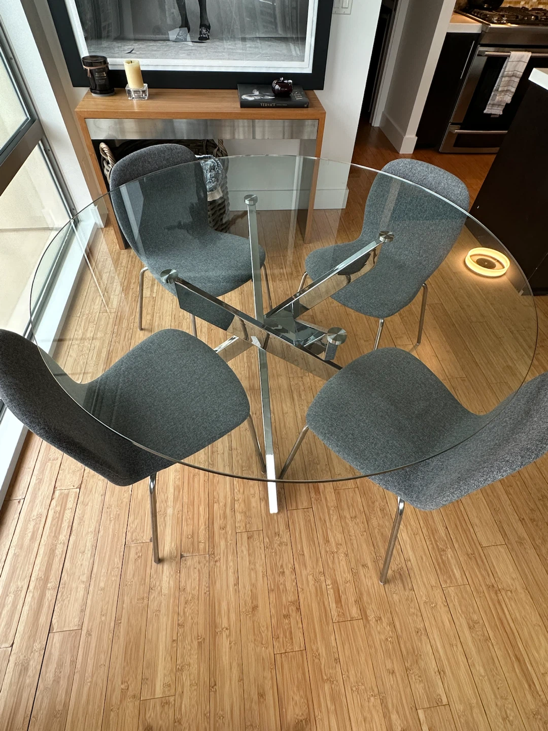 4 IKEA Karlpetter grey upholstered dining chairs