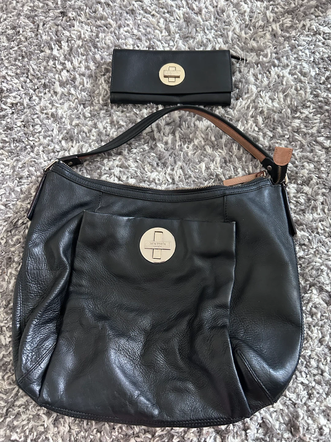 Kate Spade black leather handbag and wallet set