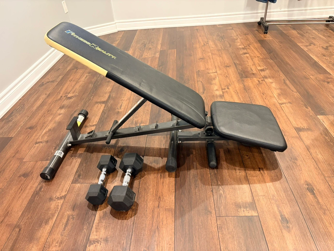 Fitness Reality adjustable bench and two hex dumbbells