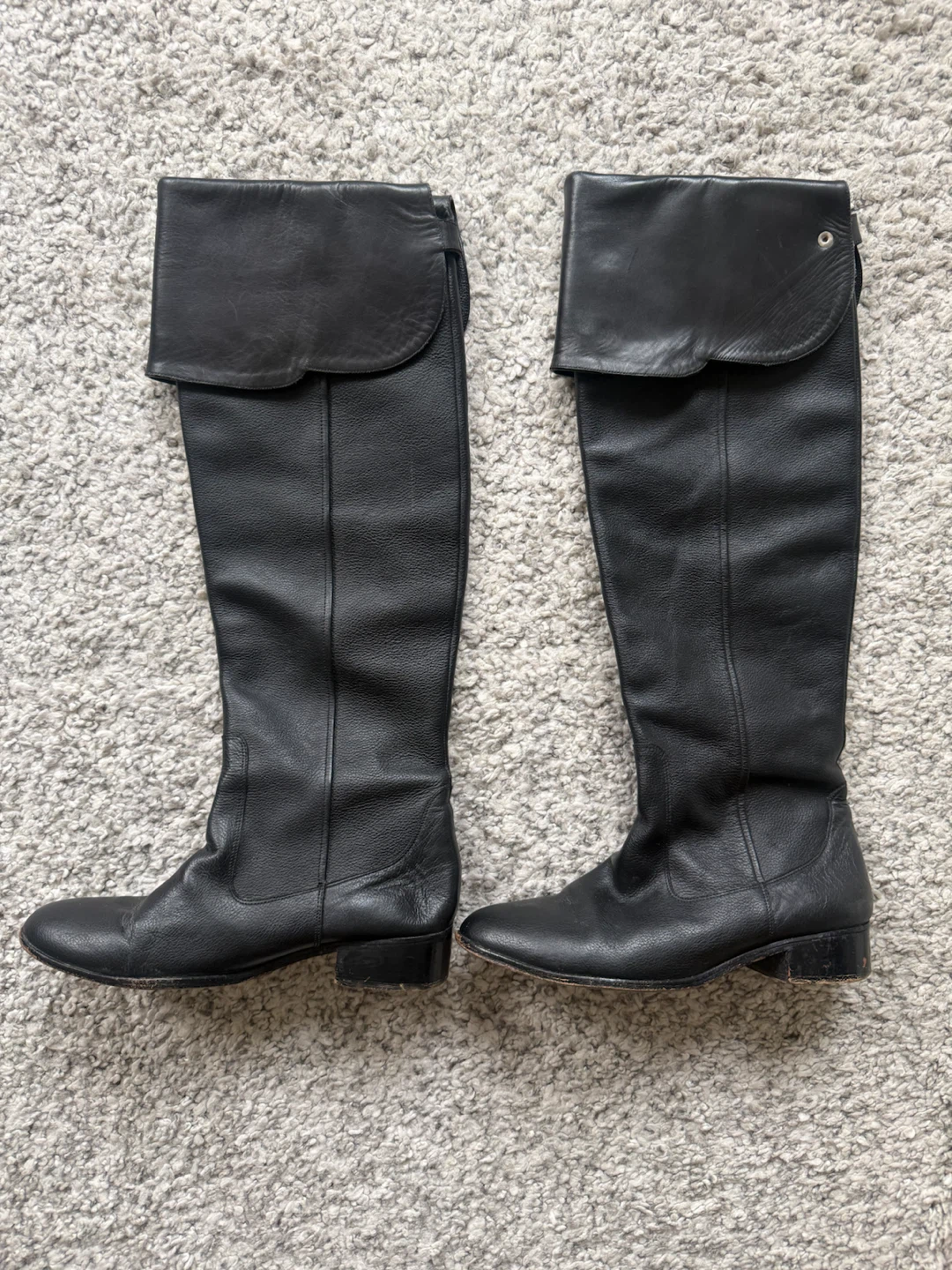 Anthropologie Black Leather Fold-Over Knee-High Boots