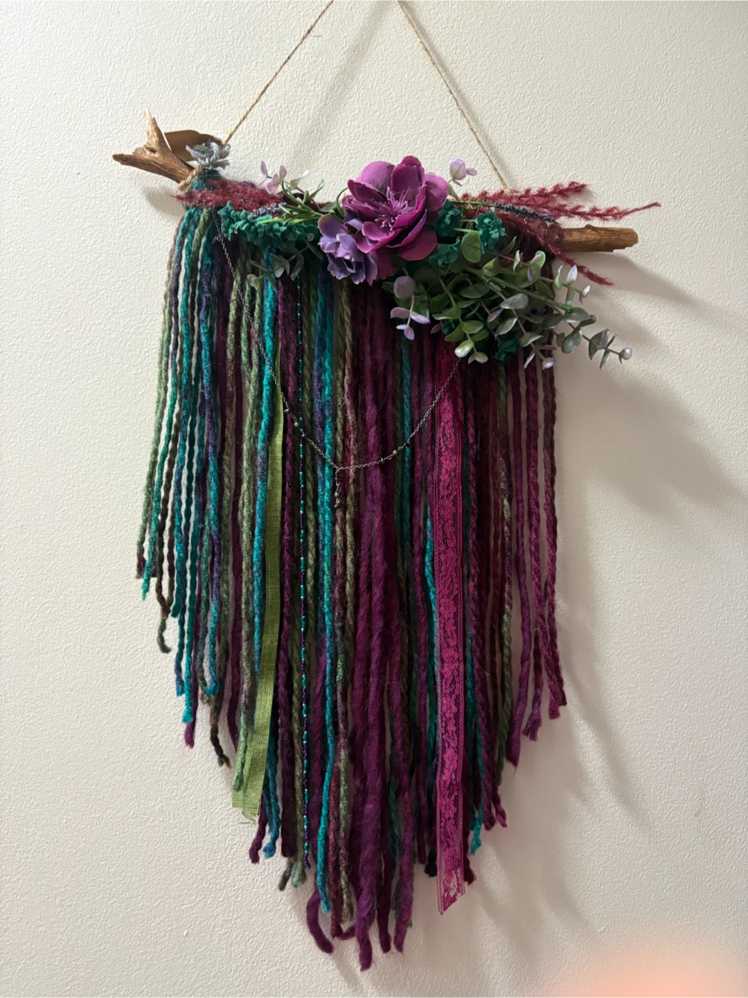 Bohemian Crystal Fibre Art Wall Hanging with Flowers and Yarn