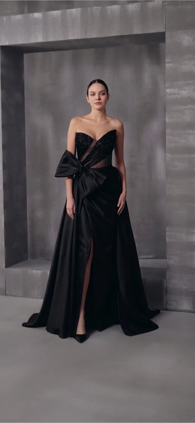 Black Strapless Gown with Bow Detail