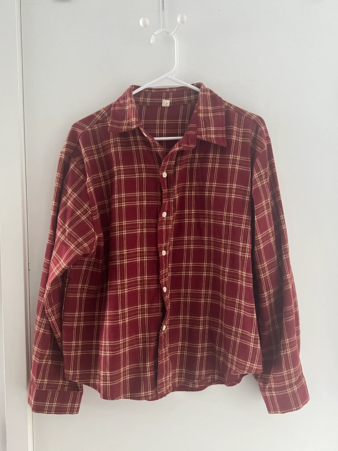 Maroon and Tan Plaid Button-Up Shirt