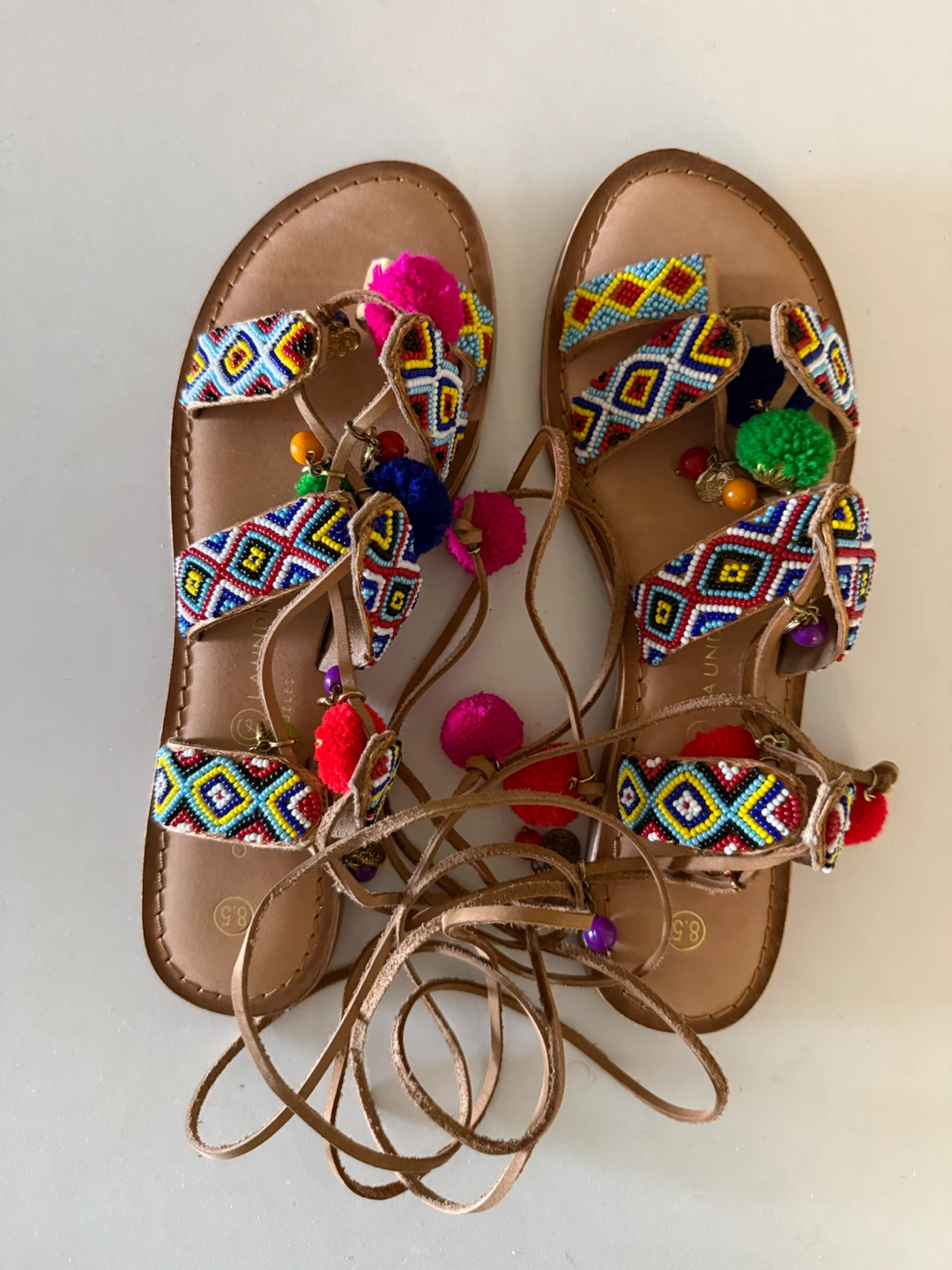 NEW! Chinese Laundry Beaded Pom Pom Lace-Up Sandals