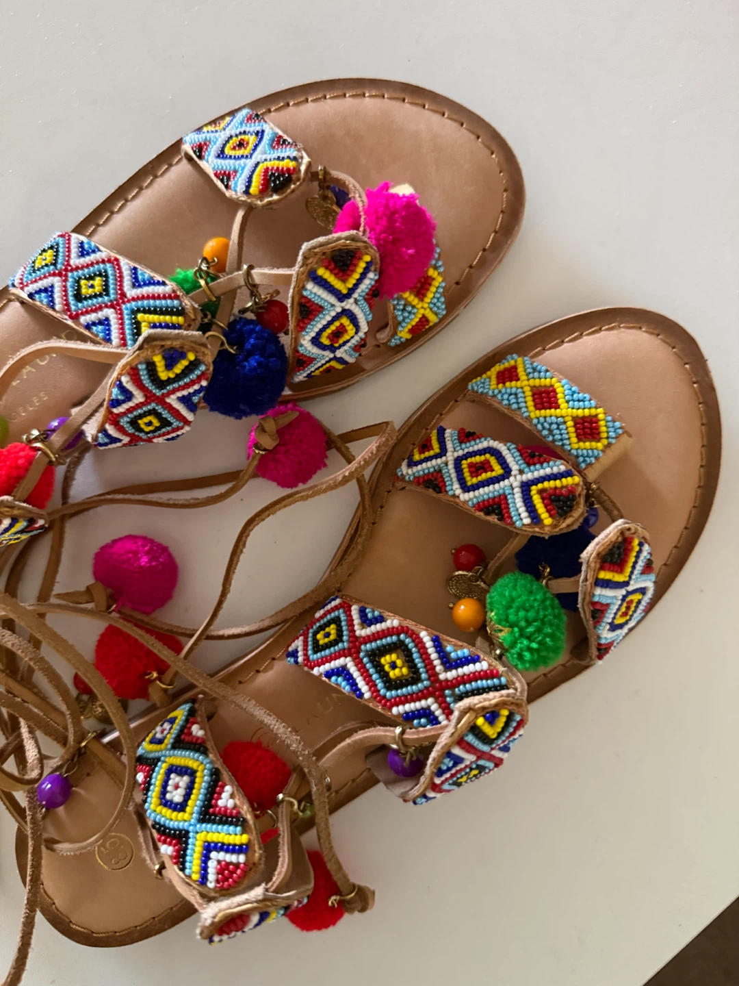 NEW! Chinese Laundry Beaded Pom Pom Lace-Up Sandals - photo 2