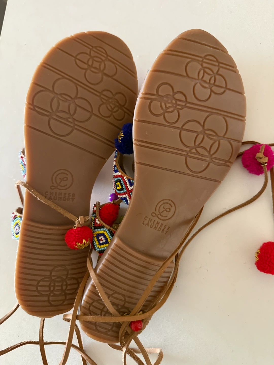 NEW! Chinese Laundry Beaded Pom Pom Lace-Up Sandals - photo 3